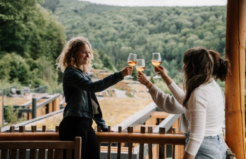 Twee vrouwen proosten met wijnglazen op het terras bij UplandParcs Sauerland - Boomhutten met uitzicht op bos.