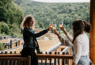 Dos mujeres brindan con copas de vino en la terraza de UplandParcs Sauerland - Boomhutten con vistas al bosque.