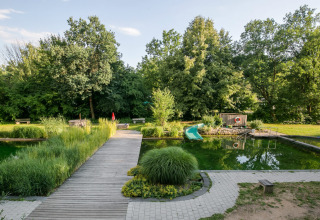 Glampingplek Uhlenköper-Camp Uelzen - Yurts Nedersaksen met houten wandelpad, vijver en veel groen.