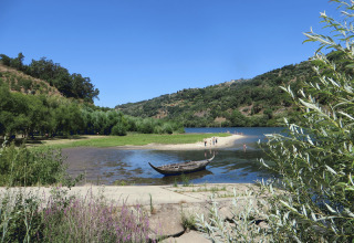 Vue sur la rivière et collines vertes près de Quinta das Corujeiras, site de glamping au Portugal.