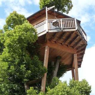 Baumhaus Hotel Prechtlhof: glamping en casa del árbol Boomhut Austria, alojamiento entre frondosos árboles verdes.