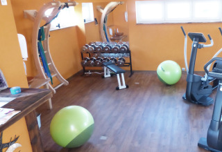 Fitnessrum på Baumhaus Hotel Prechtlhof i Østrig med vægte, træningsbolde og udstyr til gæsterne.