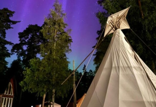 Nordic Woods Wildernis Glamping Zweden: tipitent onder noorderlicht, omgeven door bosrijke natuur in de nacht.
