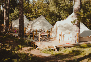 Luxe glamping tenten op houten vlonders in het bos bij Nordic Woods - Wildernis Glamping Zweden.