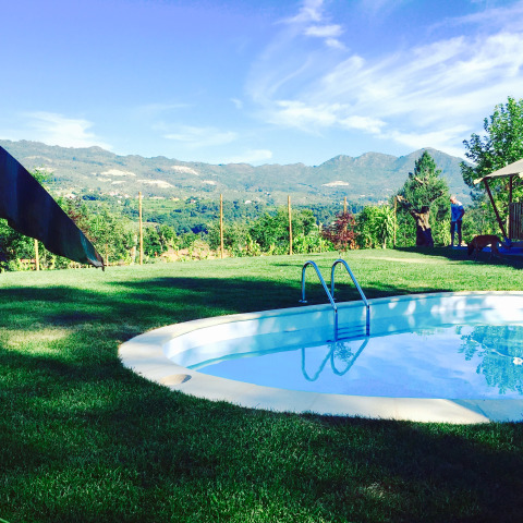 View of the pool, lawn, and mountains at Quinta do Cascalhal - Safaritenten Braga, luxury glamping site.