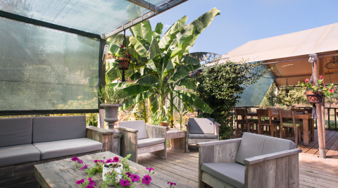 Udendørs opholdsområde på Quinta do Cascalhal - Safaritenten Braga med træmøbler og grønne planter.