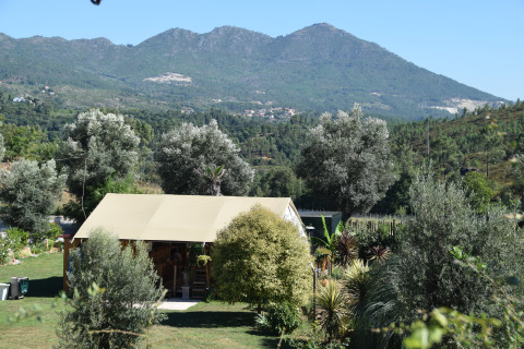 Glamping accommodation at Quinta do Cascalhal Safaritenten Braga, surrounded by trees and scenic mountains.