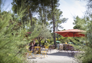 Udendørs terrasseområde i skov med borde, stole og parasoller på Huttopia Fontvieille – Glamping Provence.