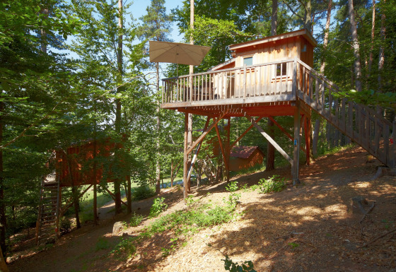 Hébergement glamping en cabane dans les arbres au Baumpalast Boomhutten, Baden-Württemberg, en forêt.