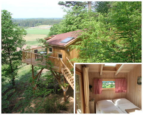 Glamping-Unterkunft Baumpalast Boomhutten in Baden-Württemberg, Baumhaus mit gemütlichem Schlafzimmer.