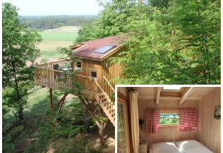 Treehouse glamping at Baumpalast Boomhutten, Baden-Württemberg, with cozy interior and forest views.