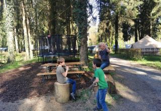 Børn leger ved et picnicbord og træstubbe i en skovrig campingplads med tipi-telt i baggrunden.