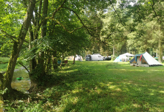Camping de Marcourt en Luxemburgo Belga con tipis, zona verde, árboles y arroyo cercano bajo la sombra.