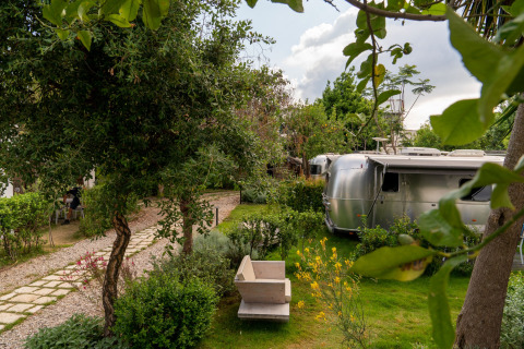 Airstreams de luxe au PROCIDA Camp & Resort, entourées de jardins verdoyants et d'arbres sous un ciel bleu.