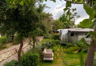 Luxury Airstreams at PROCIDA Camp & Resort, nestled in lush gardens with greenery and trees under blue sky.
