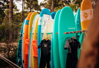 Tavole da surf e mute esposte presso Surf Tribe a Biscarrosse, un alloggio glamping immerso nella natura.