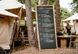 Glamping site Surf Tribe in Biscarrosse, France, with canvas lodges and weekly activity schedule board.