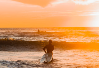 Surfer walking into the ocean at sunset near Surf Tribe in Biscarrosse, France, perfect for glamping stays.