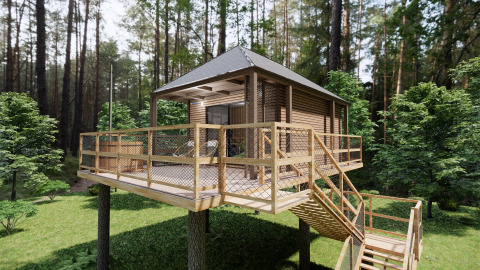 Alojamiento glamping en casa del árbol en el bosque en Glamping Village Kötschach - Boomhutten Karinthië, Austria.