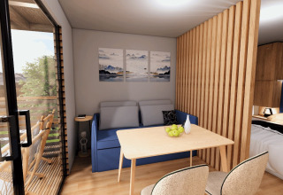 Moderne glampingaccommodatie in Glamping Village Kötschach - Boomhutten Karinthië met terras en gezellige inrichting.