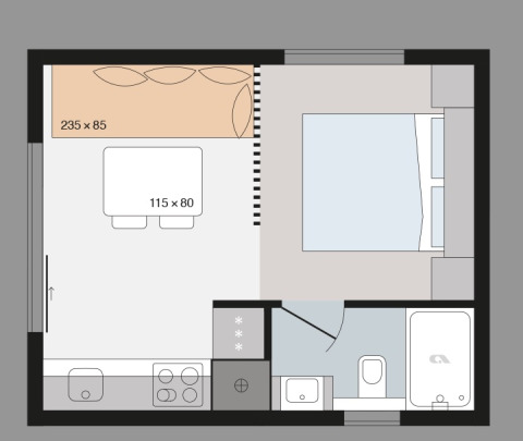 Plan d’un hébergement Glamping Village Kötschach - Boomhutten Karinthië avec chambre, cuisine et salle de bain.