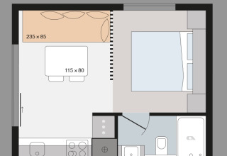 Floor plan of Glamping Village Kötschach - Boomhutten Karinthië showing bedroom, kitchen, dining and bathroom.