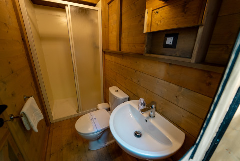 Bagno moderno in legno con doccia, WC e lavabo presso Vallicella Glamping Resort, Airdreamer Toscana.