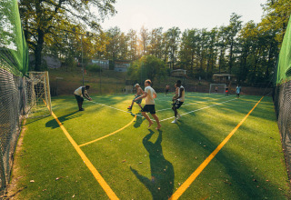 Jongeren spelen voetbal op een kunstgrasveld tussen bomen bij Chianti Glamping Resort in Toscane.