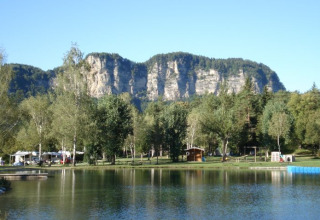 Campeggio vicino a un lago, circondato da alberi e montagne sullo sfondo, Camping Rosental Rož - Stacarvans Karinthië.