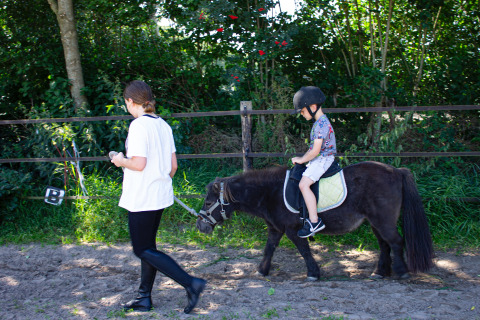 Ein Kind reitet auf einem Pony mit Helm bei Familiecamping Hendriks Wijkje - Safaritenten Drenthe.