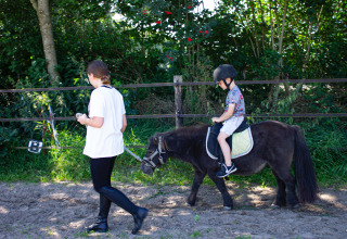 Un bambino cavalca un pony con il casco a Familiecamping Hendriks Wijkje - Safaritenten Drenthe.