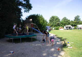 Children playing on trampoline and playground at Familiecamping Hendriks Wijkje - Safaritenten Drenthe.