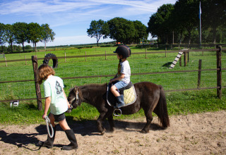 Children ride a pony at Familiecamping Hendriks Wijkje - Safaritenten Drenthe, enjoying the sunny countryside.