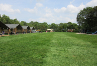 Familiecamping Hendriks Wijkje in Drenthe met safaritenten, groot grasveld en buitenspeeltuin.
