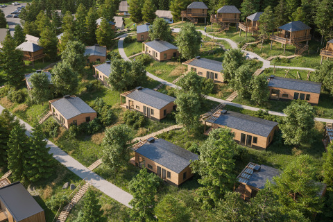 Glamping Village Kötschach met luxe stacaravans in Karinthië te midden van het groen en bosrijke paden.