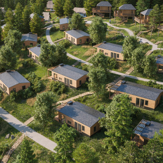 Glamping Village Kötschach con lujosas casas móviles en Carintia, rodeadas de vegetación y senderos boscosos.