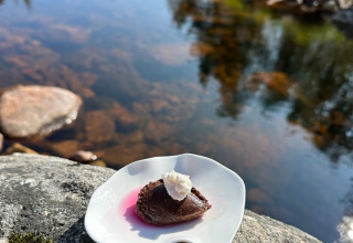 Een verfijnd dessert bij Brokkestøylen - Domes in Agder, gepresenteerd op een rots bij een heldere rivier.