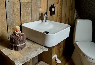 Bagno rustico con pareti in legno, lavandino, WC e bambola su coprirullo a Brokkestøylen - Domes in Agder.
