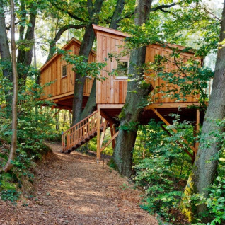 Treehouse glamping accommodation at Wipfelglück Baumhaushotel, nestled among lush forests in Bavaria, Germany.