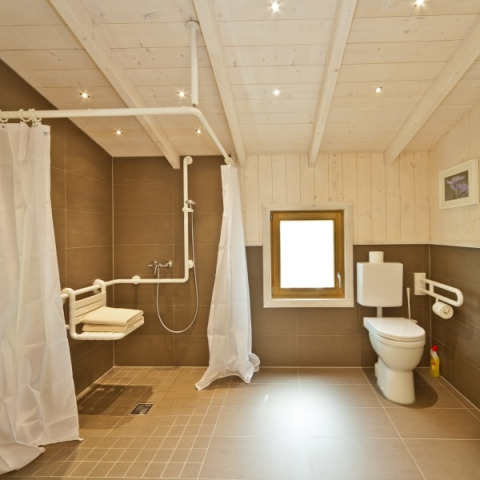 Toegankelijke badkamer in Wipfelglück Baumhaushotel met douche, toilet, steungrepen en houten plafond