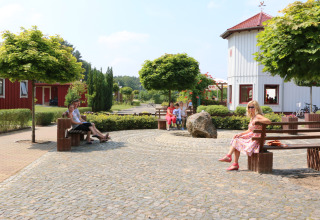 Personas descansan en bancos en Campingpark Buntspecht - Pods Brandenburg, rodeados de árboles y sol.