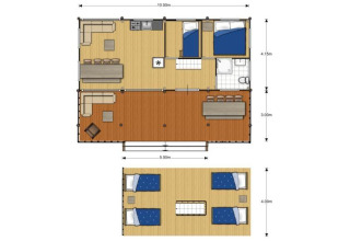 Planimetria dell'alloggio glamping De Betuwse Hofjes - Betuwe Lodges Gelderland con due camere e soggiorno.