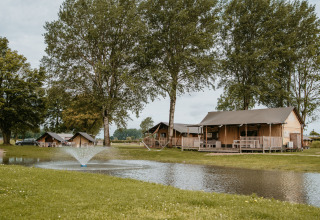 Glamping på De Betuwse Hofjes - Betuwe Lodges i Gelderland, Holland, med telte ved en dam med springvand.