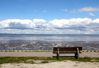 Panchina che guarda il mare al Campingplatz am Nordseestrand - Zigeunerwagen Oost-Friesland, alloggio glamping.