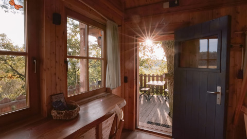 Zicht vanuit een gezellige houten boomhut op het zonovergoten terras bij Boomhuthotel Uckermark, Brandenburg.