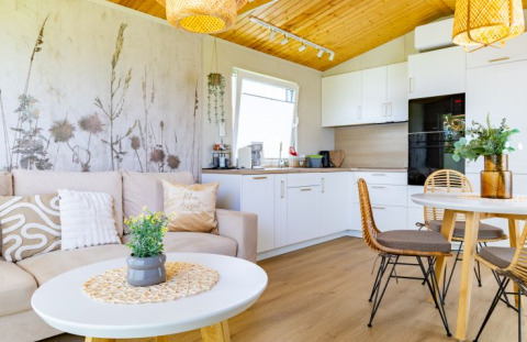 Alloggio glamping moderno con soggiorno accogliente, cucina e zona pranzo in stile naturale e luminoso.