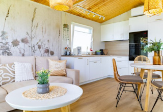 Alloggio glamping moderno con soggiorno accogliente, cucina e zona pranzo in stile naturale e luminoso.