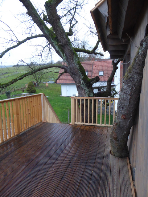 Casa en el árbol con terraza atravesada por un árbol; vistas a campos verdes y casa blanca al fondo.