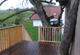 Boomhut met een boom door het terras, uitzicht op groene velden en een wit huis op de achtergrond.