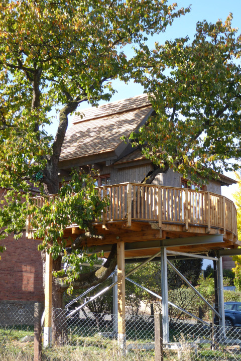 Alloggio glamping in casa sull’albero a Hessen con terrazza in legno e circondato da alberi verdi.